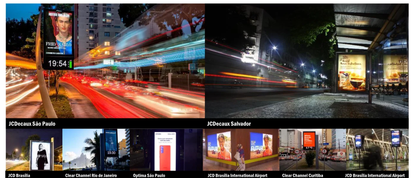 Fotografias de ecrãs publicitários digitais em ruas, paragens e aeroportos no Brasil